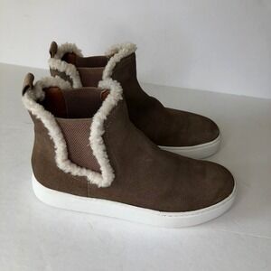 Lucky Brand Women's Brown‎ Suede Leather Faux Fur Trim Chelsea Ankle Boots